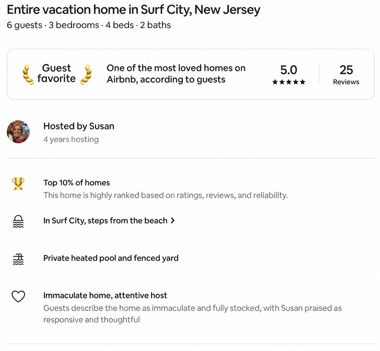 Guest favorite rental rating and host information
